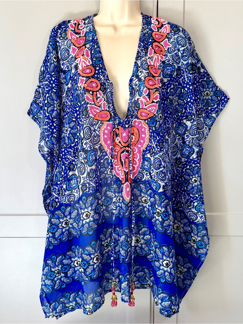 NWT Rise & Bloom Boho Swimsuit Cover Up S/P Blue Front Tie Closure Beaded Tassel